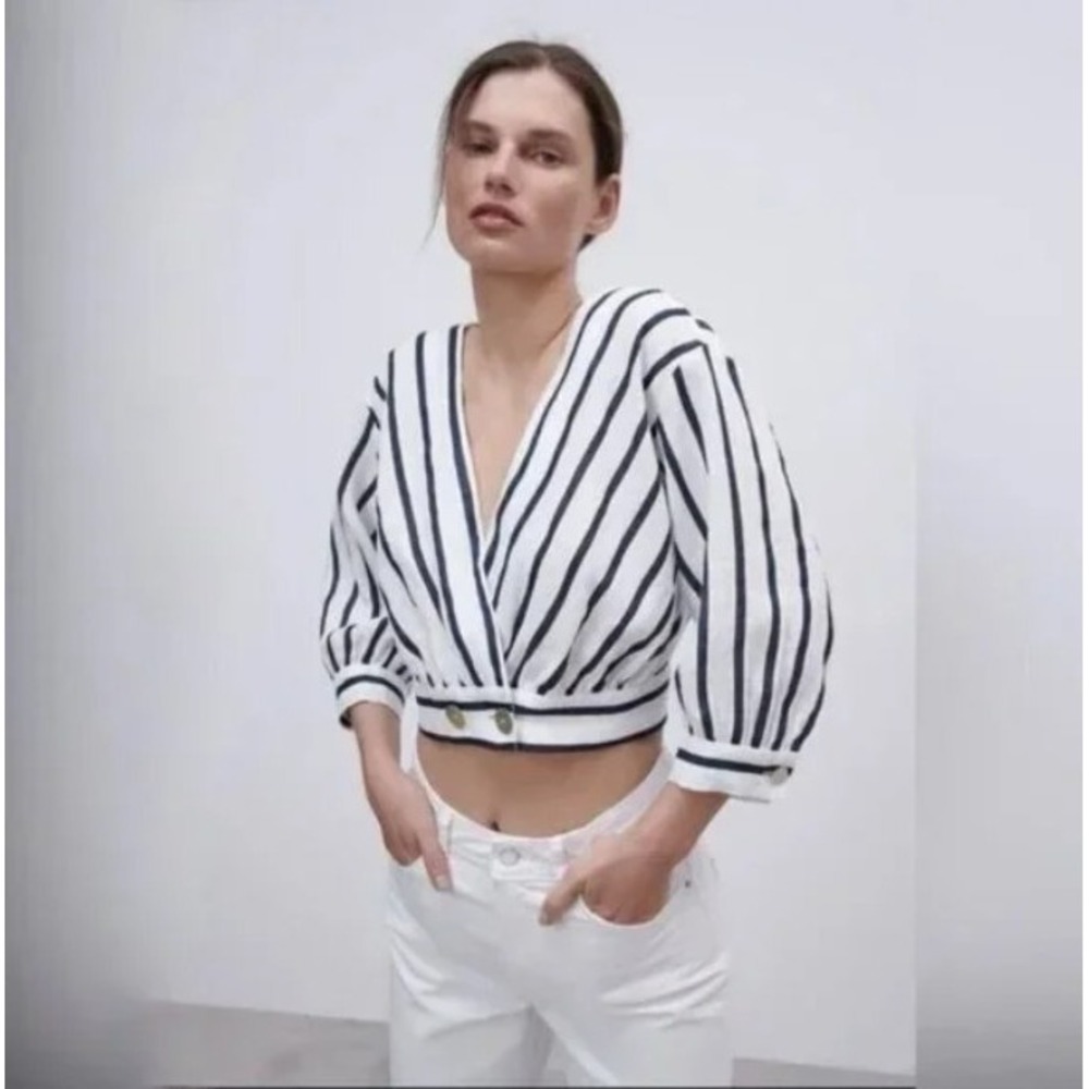 Zara 100% Linen White Blue Stripe Crop Surplice Wrap Top Gold Tone Metal Buttons